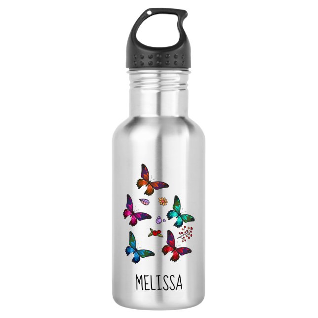 Pretty Little Butterflies Custom Name Stainless Steel Water Bottle (Front)