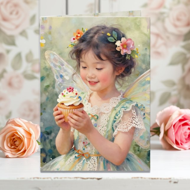 Pretty Little Fairy Girl with Cupcake Birthday Card (Creator Uploaded)