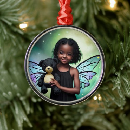 Pretty Little Fairy Girl with Teddy Bear Metal Ornament