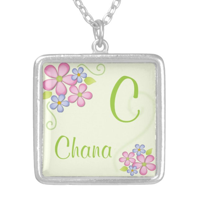Pretty Little Flowers with Custom Name Silver Plated Necklace (Front)