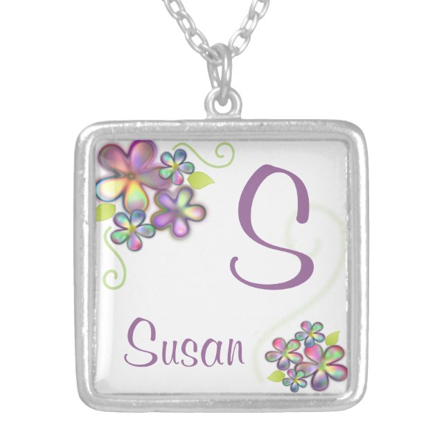 Pretty Little Flowers with Custom Name Silver Plated Necklace (Front)