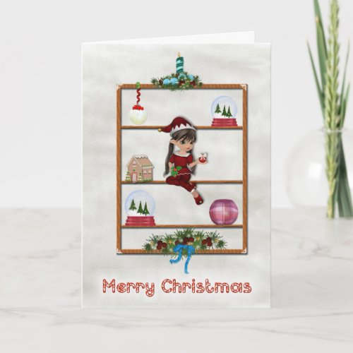 Pretty Little Girl Elf on a Curio Shelf Holiday Card