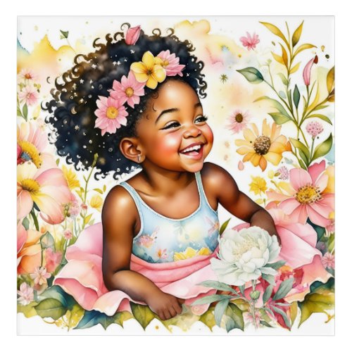 Pretty Little Girl in Pink Flowers Watercolor Art