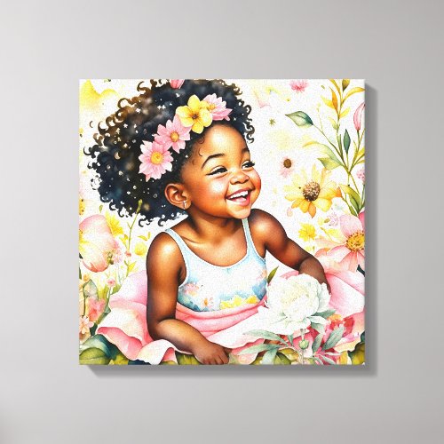 Pretty Little Girl in Pink Flowers Watercolor Art Canvas Print