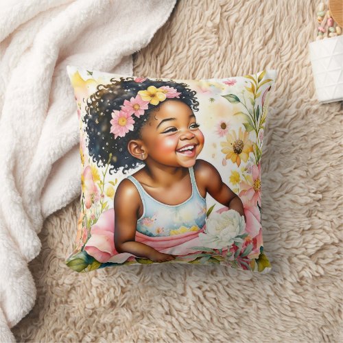 Pretty Little Girl in Pink Flowers Watercolor Art Throw Pillow