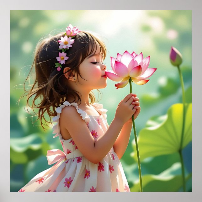 Pretty Little Girl Smelling a Pink Rose Poster (Front)