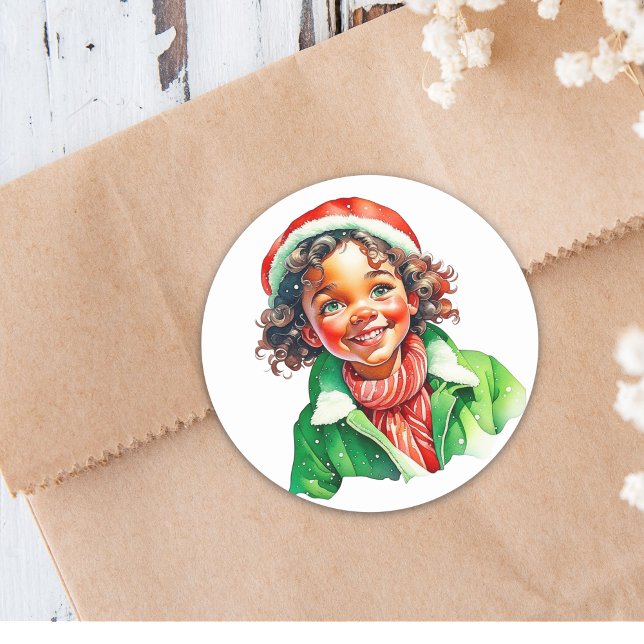 Pretty Little Girl Watercolor Christmas Classic Round Sticker (Creator Uploaded)