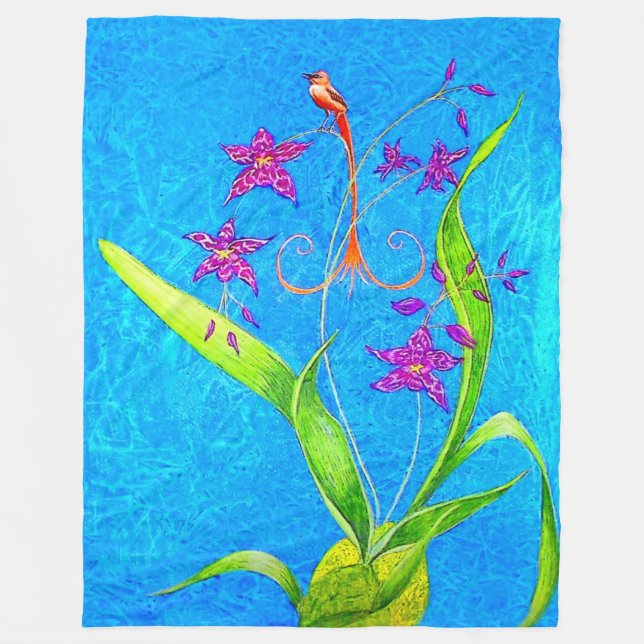 Pretty Little Orchid Bird Fleece Blanket (Front)