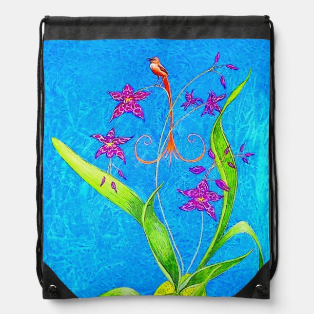 Pretty Little Orchid Bird (Red) Drawstring Bag (Front)