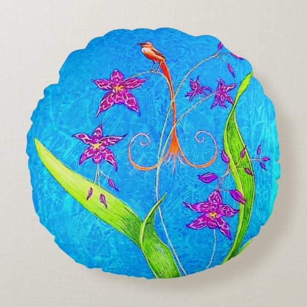 Pretty Little Orchid Bird (Red) Round Pillow