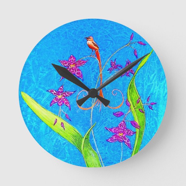 Pretty Little Orchid Bird Round Clock