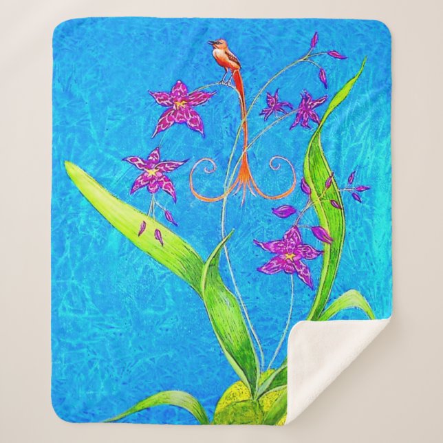 Pretty Little Orchid Bird  Sherpa Blanket (Front)