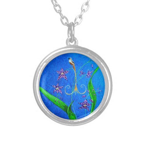 Pretty Little Orchid Bird Silver Plated Necklace