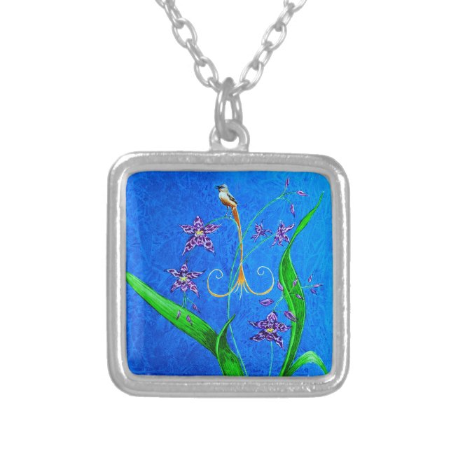 Pretty Little Orchid Bird  Silver Plated Necklace (Front)