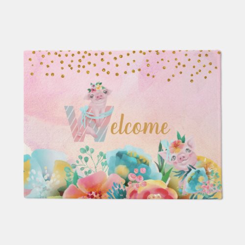 Pretty Little Pig Watercolor Illustration  Doormat