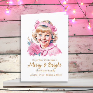 Pretty Little Vintage Girl Pink Christmas Holiday Card