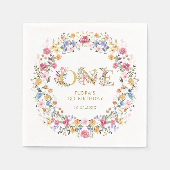 Pretty Little Wildflower Girl 1st Birthday Party Napkins (Front)