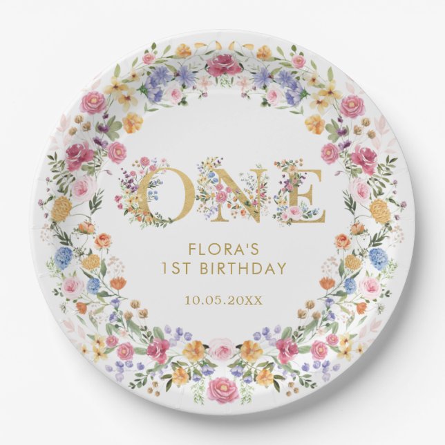 Pretty Little Wildflower Girl 1st Birthday Party Paper Plates (Front)