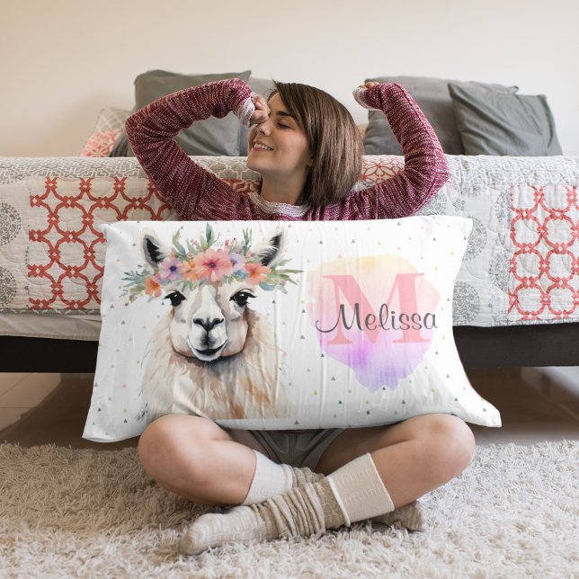 Pretty Llama Animal Cute Wildflower Pink Monogram Pillow Case (Cute Kid's bedroom Llama Farm Animal Alpaca Wildflower Monogram sweet pink.)