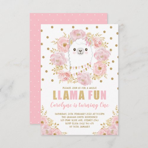 Pretty Llama  Pink Gold Floral Alpaca Birthday Invitation