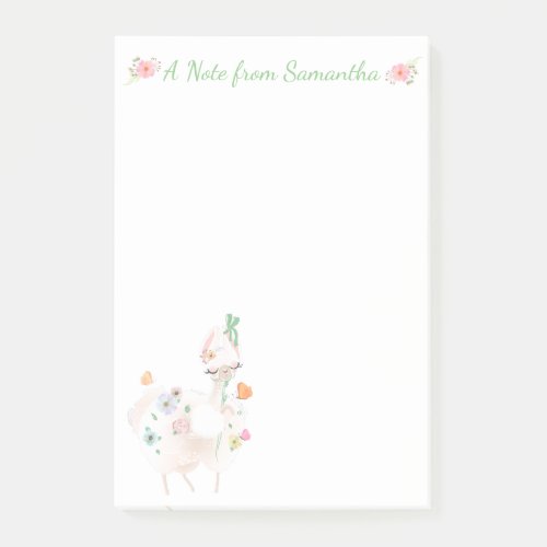 Pretty Llama with Flowers and Green Ribbon Post_it Notes