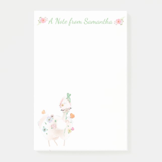 Pretty Llama with Flowers and Green Ribbon Post-it Notes (Front)