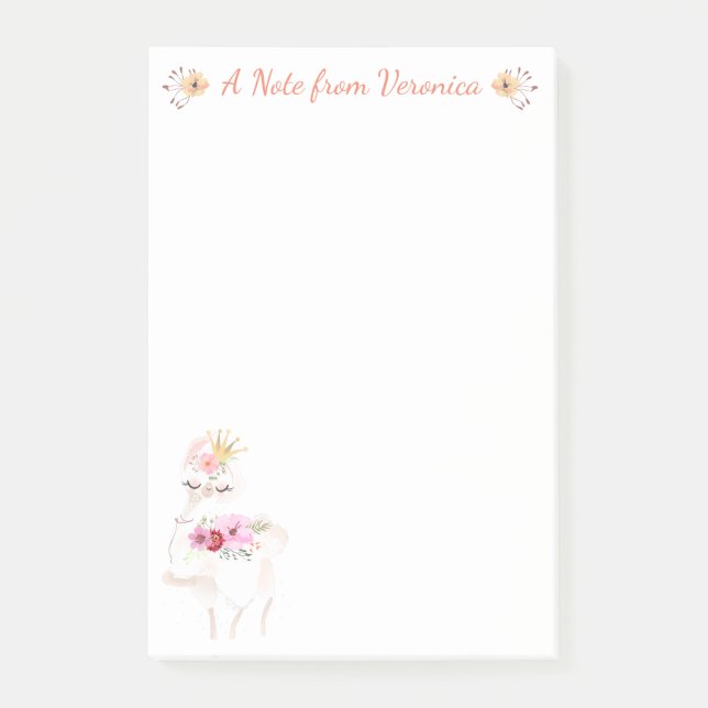 Pretty Llama with Orange Flowers and Golden Crown Post-it Notes (Front)