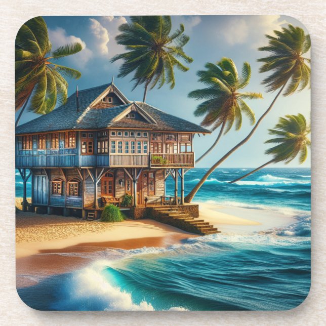 Pretty Log Cabin Beach House   Beverage Coaster (Front)