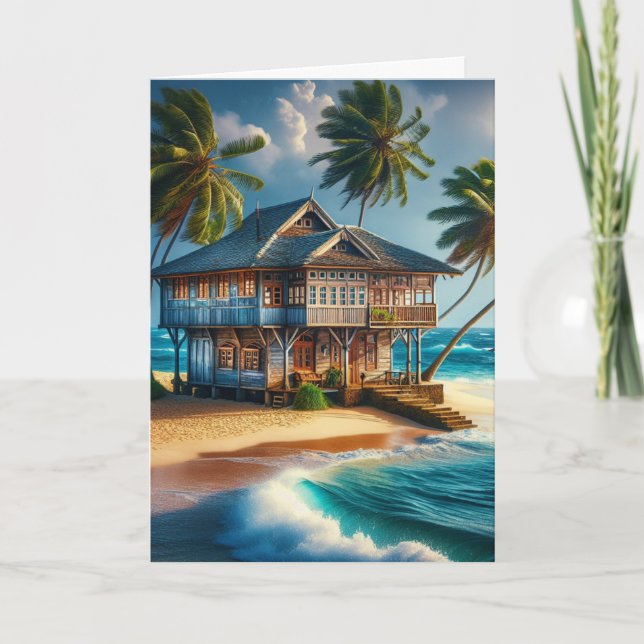 Pretty Log Cabin Beach House Happy Blank Card (Front)