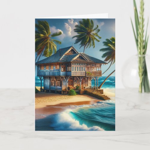 Pretty Log Cabin Beach House Happy Blank Card