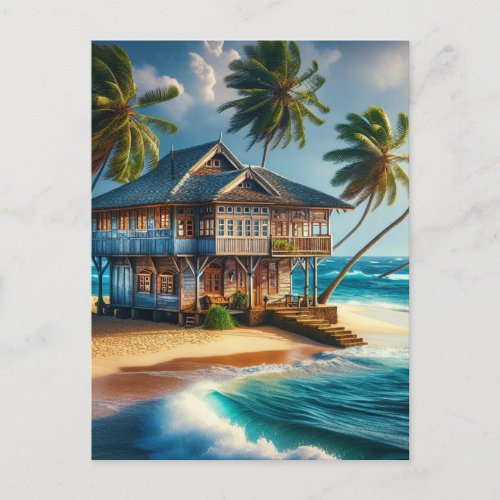 Pretty Log Cabin Beach House Happy  Postcard