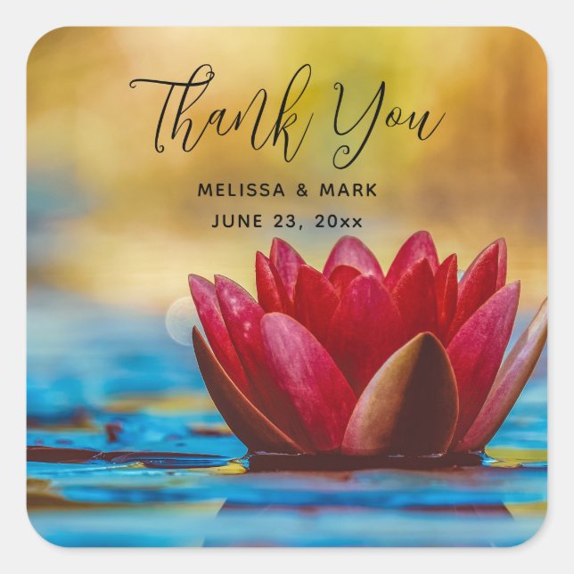 Pretty Lotus Flower in a Pond Party Thank You Square Sticker (Front)