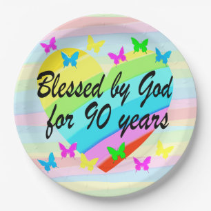 PRETTY LOVE HEART 90TH BIRTHDAY PAPER PLATES