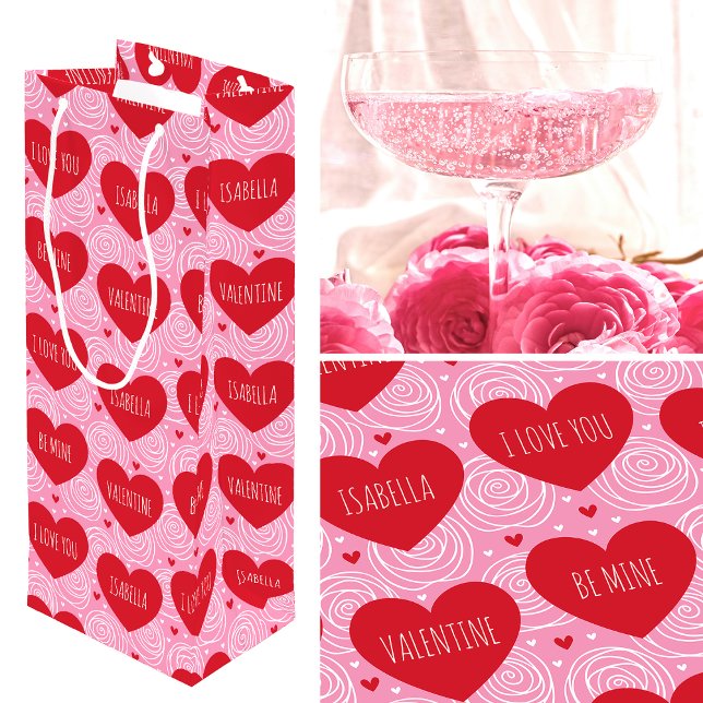 Pretty Love Heart Custom Text Modern Valentines Wine Gift Bag (Creator Uploaded)