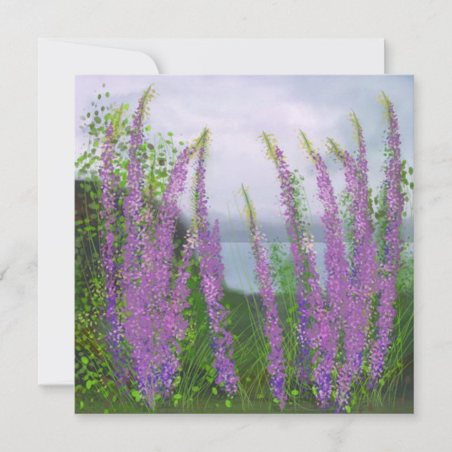 Pretty Lupine Flowers By The Lake Holiday Card (Front)