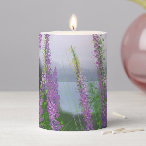 Pretty Lupine Flowers By The Lake Pillar Candle