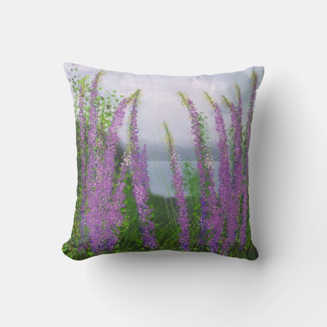 Pretty Lupine Flowers By The Lake Throw Pillow (Front)