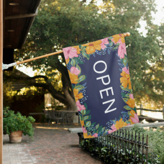 Pretty Lush Yellow Pink Floral Frame Open House Flag