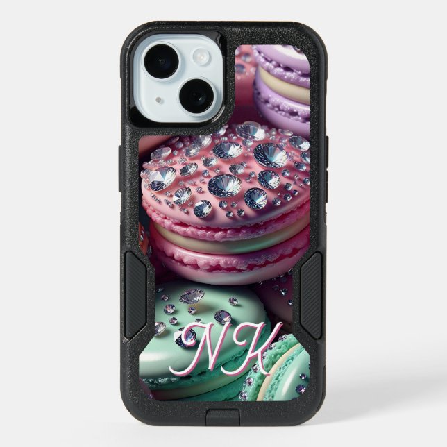 Pretty Macaron Bling Monogrammed iPhone 15 Case (Back)