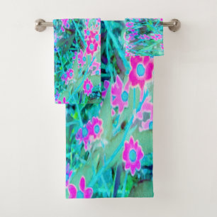 Pretty Magenta and Royal Blue Garden Flowers Bath Towel Set