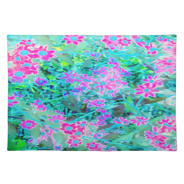 Pretty Magenta and Royal Blue Garden Flowers Cloth Placemat (Front)