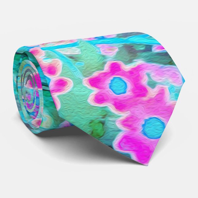 Pretty Magenta and Royal Blue Garden Flowers Neck Tie (Rolled)