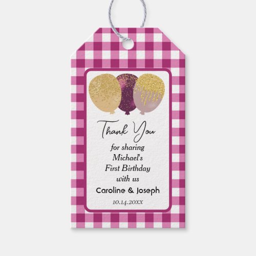 Pretty Magenta Gingham Glitter Balloons Birthday Gift Tags