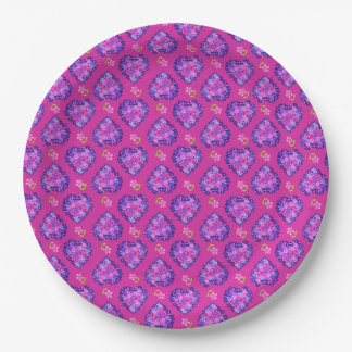 Pretty Magenta Hearts and Flowers Paper Plate