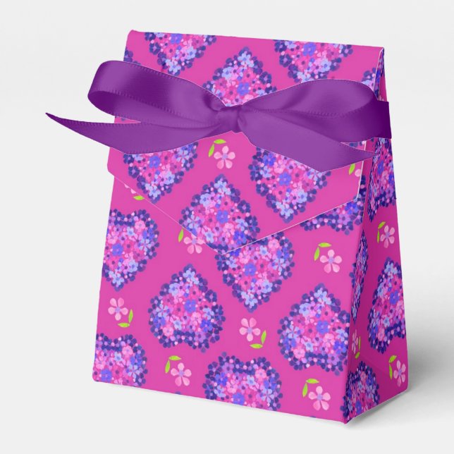 Pretty Magenta Hearts and Flowers Tent Favor Box (Front Side)