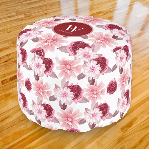 Pretty Magenta Pink Floral Peony Pattern Monogram Pouf