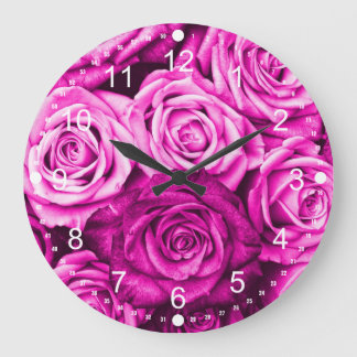 Pretty Magenta Pink Roses Flower Bouquet Large Clock