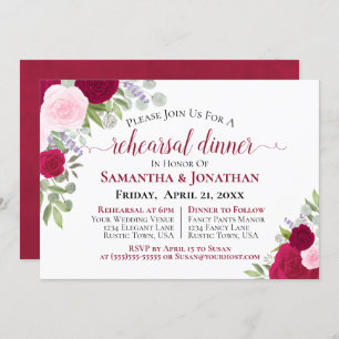 Pretty Magenta Pink Roses Wedding Rehearsal Dinner Invitation