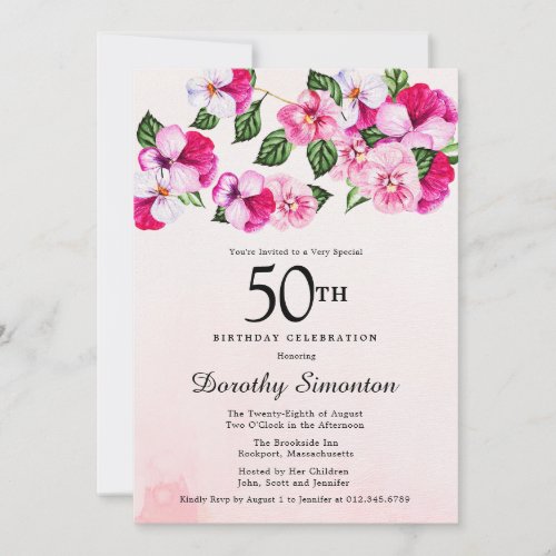 Pretty Magenta Pink White Floral 50th Birthday Invitation