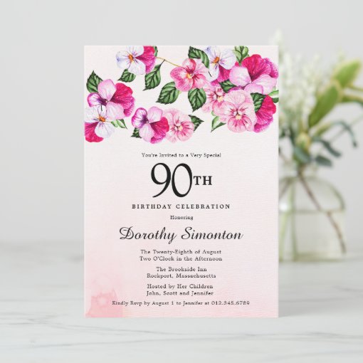 Pretty Magenta Pink White Floral 90th Birthday Invitation | Zazzle